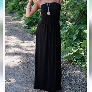Primoda Strapless Tube Top Maxi Boho Beach Dress with Pockets in Black Size S